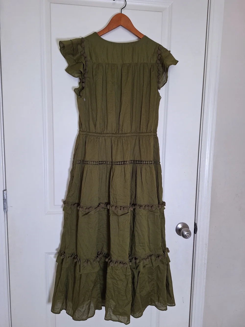J.Crew Women's Olive Green Tiered Midi Dress Flutter Sleeve Pom Pom Trim Size 10